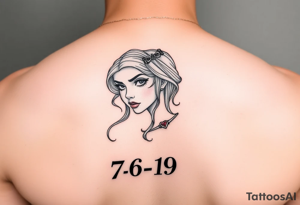 Small girl line art with a ruby and 7-6-19 tattoo idea