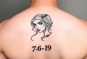 Small girl line art with a ruby and 7-6-19 tattoo idea