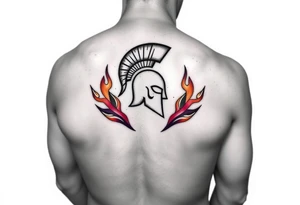 A leg sleeve merging AC and HC Sparta logos, surrounded by flames in red, orange, and violet. tattoo idea