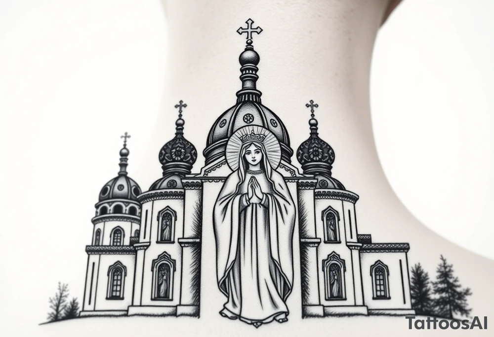 Russian orthodox church with bulb domes with a prominent russian orthodox style virgin mary stood outside with hands together tattoo idea