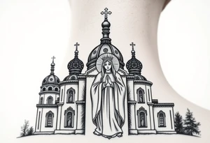 Russian orthodox church with bulb domes with a prominent russian orthodox style virgin mary stood outside with hands together tattoo idea