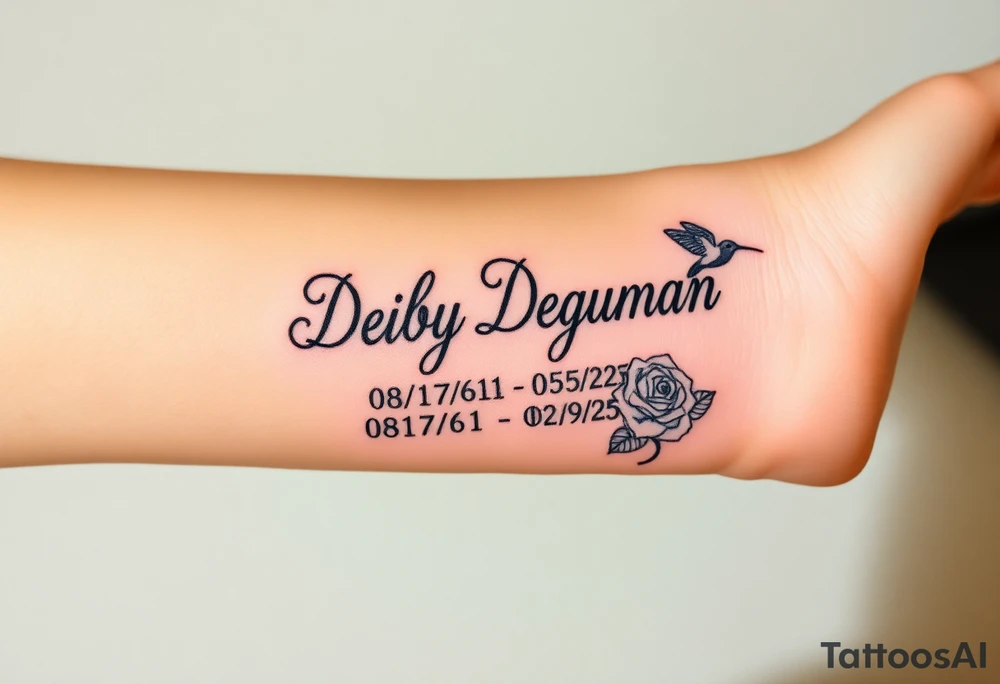 Tattoo of the exact name Debby Deguzman in chunky curly cursive with the exact dates of 08/17/61-05/29/25 surrounded by 1 hummingbird and 1 rose tattoo idea