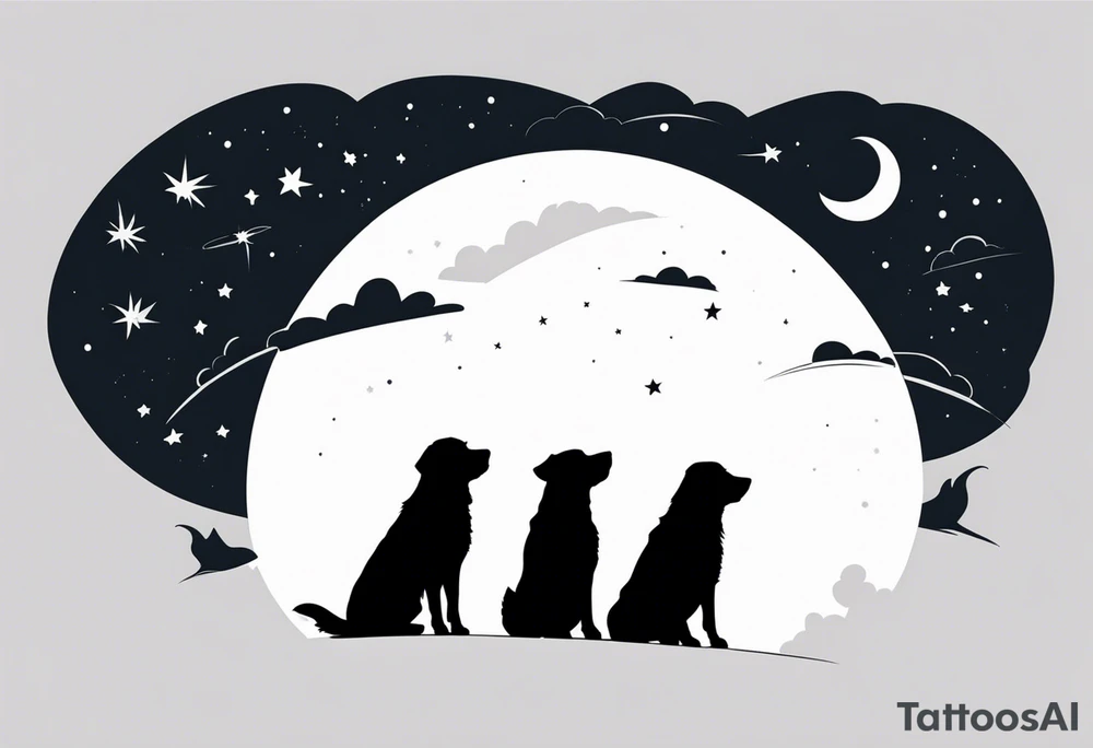 3 black silhouettes of dogs looking up at the night sky tattoo idea