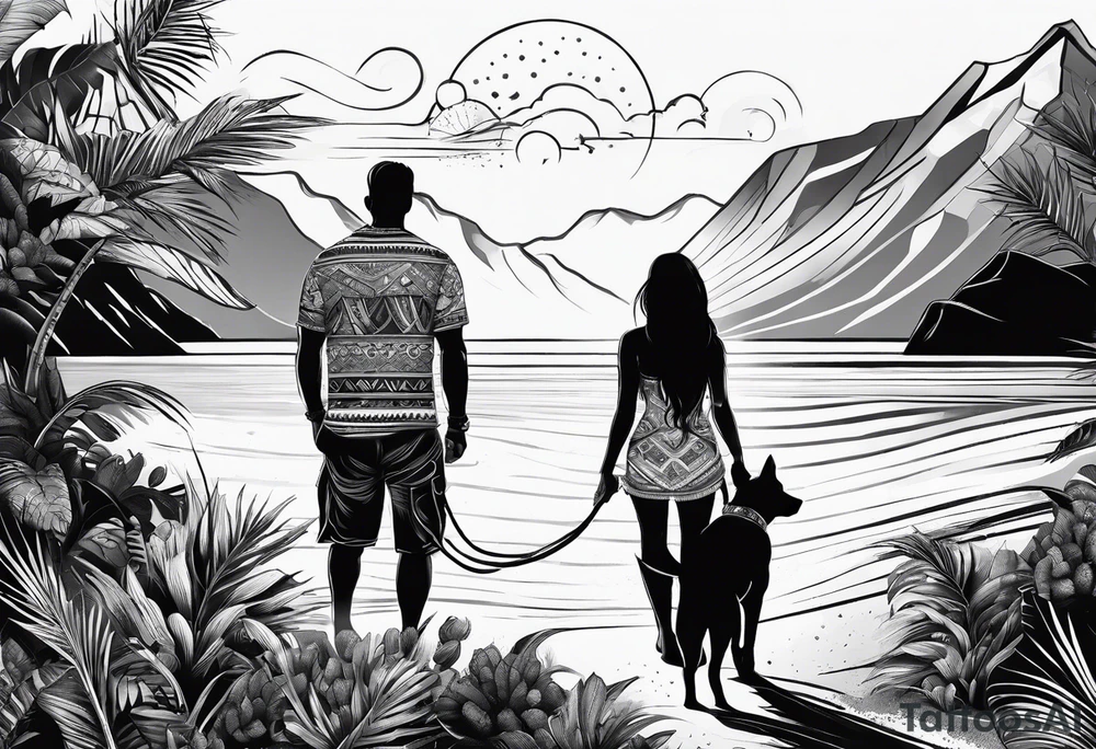Beach Mountain Racket dog and woman tattoo idea