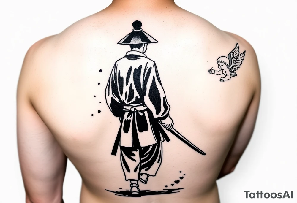 Blackwork tattoo illustration of a samurai walking forward, seen from behind. The samurai wears a traditional kimono and hakama, holding two long katanas in a relaxed but ready pose. To his right, a small child angel with detailed feathered wings floats in the air, gently reaching toward him with an outstretched hand. Strong contrast, dynamic ink splatters, sumi-e brush stroke effects, minimalist white background, dramatic lighting, emotional and symbolic composition, high-detail linework tattoo idea
