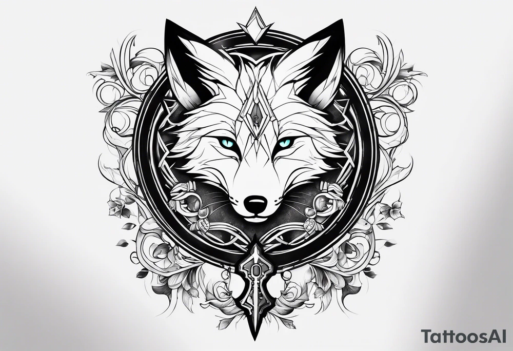 Renard sur un fond boussole. Il faut une clé ( style keyblade dans kingdom hearts. Tatouage sur l'avant bras tattoo idea
