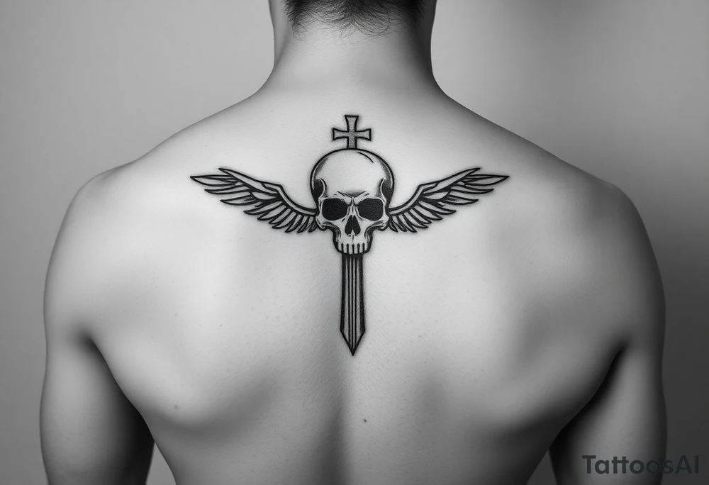 I would like to get a tattoo of a skull and a cross and in a guitar for your upper arm that would be covered with a sleeve and I want it just black and gray tattoo idea