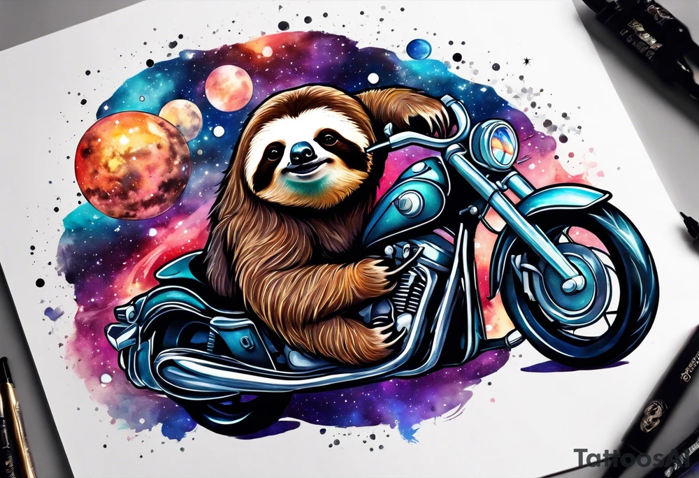 sloth on motorcycle in space galaxy tattoo idea