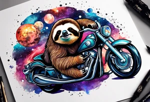 sloth on motorcycle in space galaxy tattoo idea