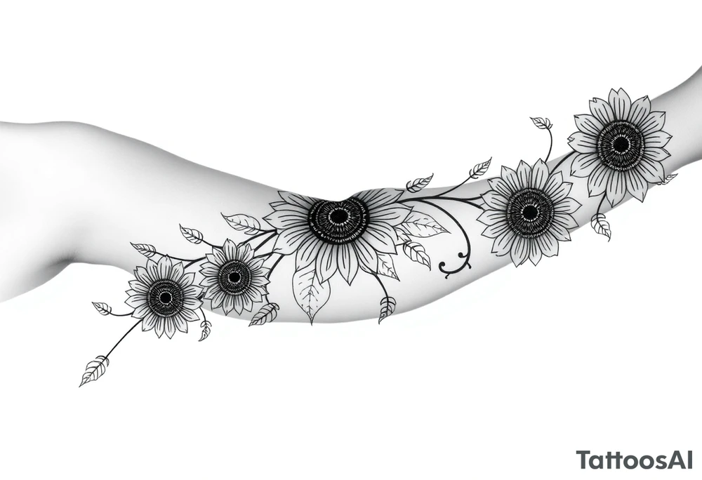 Bohemian, hippie sunflowers/mandalas growing along a swirly vine tattoo idea