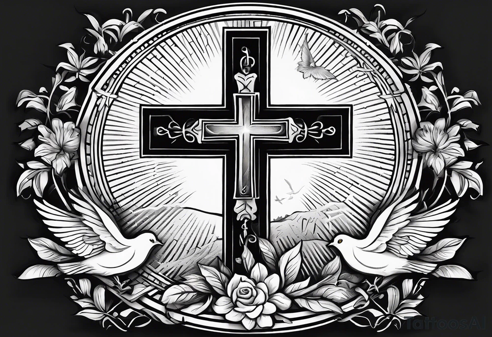 A Cross with doves in the rays of sun with the date 08/21/2024 in Roman numerals in it tattoo idea
