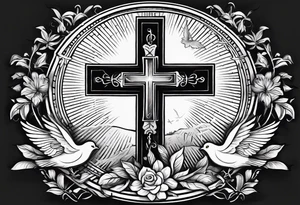 A Cross with doves in the rays of sun with the date 08/21/2024 in Roman numerals in it tattoo idea