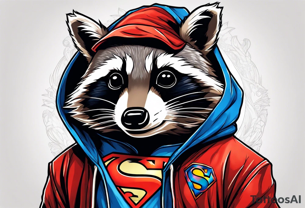 raccoon wearing a Superman hoodie tattoo idea