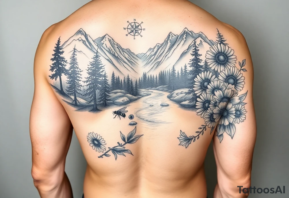 full arm black and white tattoo realistic nature landscape majestic river flowing down bright mountains trees, daisies, chrysanthemums a real bee on one flower a large compass on the forearm tattoo idea