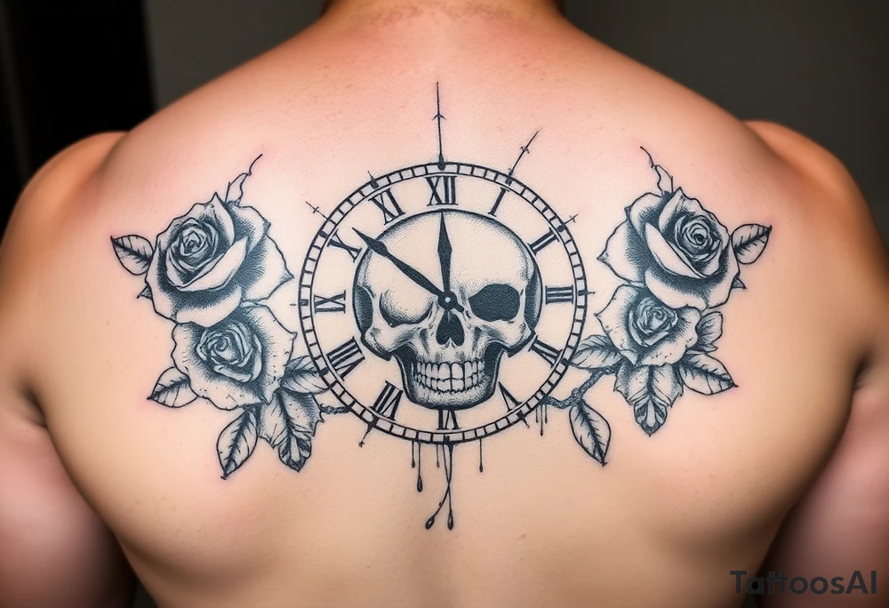 Broken Clock face 11:43 as set time. With roses and skull tattoo idea