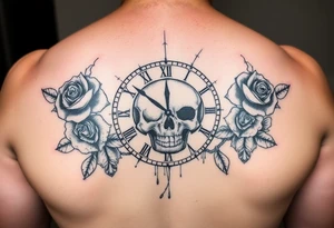 Broken Clock face 11:43 as set time. With roses and skull tattoo idea