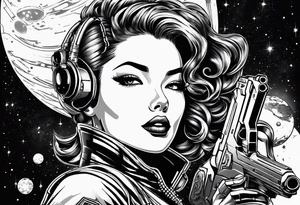 Pinup woman holding laser gun in space tattoo idea