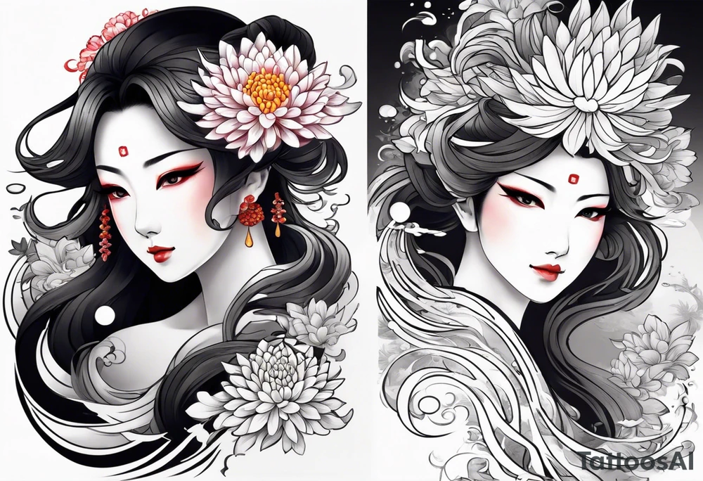 I want to combine japanese and ornamental styles. I want to have a full sleeve tattoo. i want a japanese mask in the top, japanese Chrysanthemum Flower in the bottom and fill the rest with ornamental tattoo tattoo idea