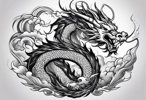 chinese dragon blowing fire while flying through a thunderstorm tattoo idea