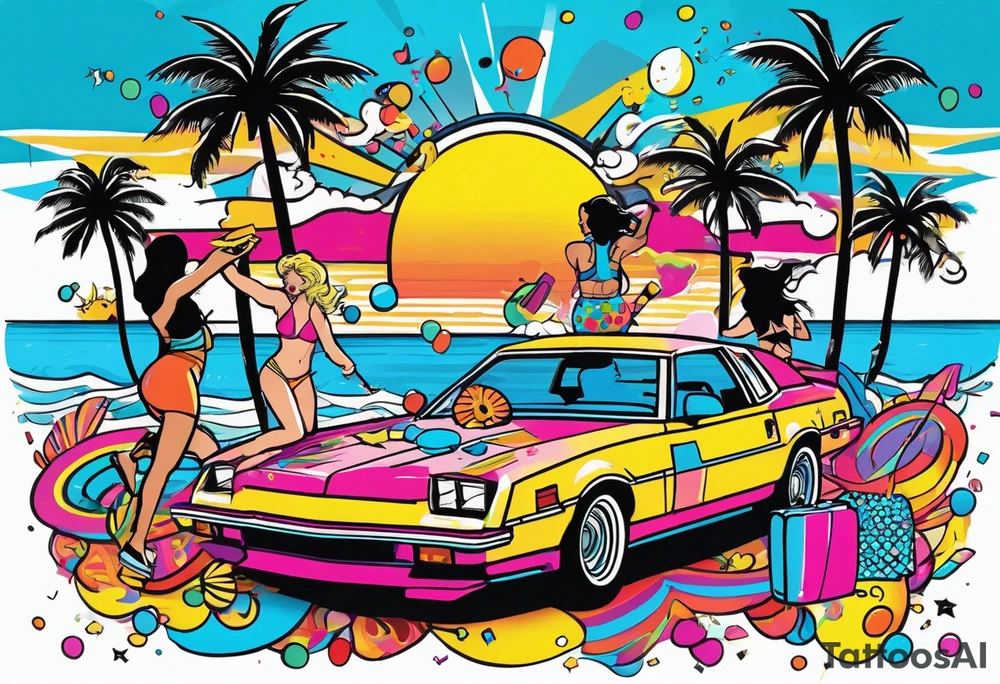 1980's miami vice style beach dance 
party, include confetti, music notes, boom box, bikinis sunset in the center tattoo idea
