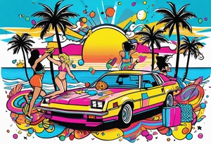 1980's miami vice style beach dance 
party, include confetti, music notes, boom box, bikinis sunset in the center tattoo idea