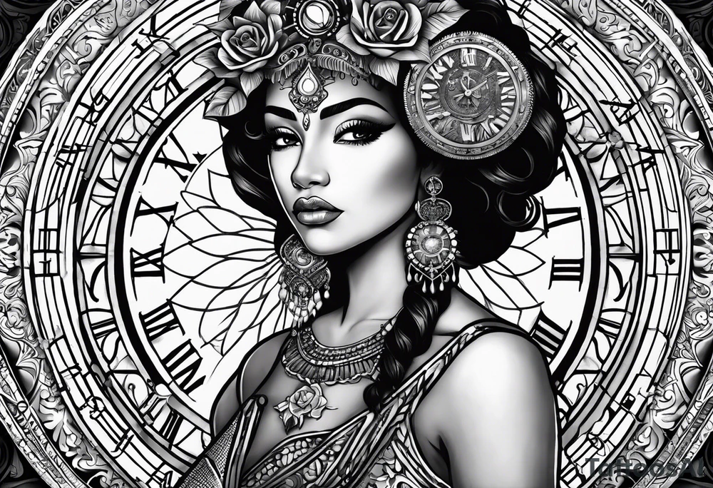 Hispanic/ Latin goddess, love, forgiveness, strength, peace, cancer sign , time, past, future, clock tattoo idea