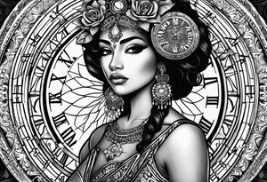 Hispanic/ Latin  goddess, love, forgiveness, strength, peace, cancer sign , time, past, future, clock tattoo idea