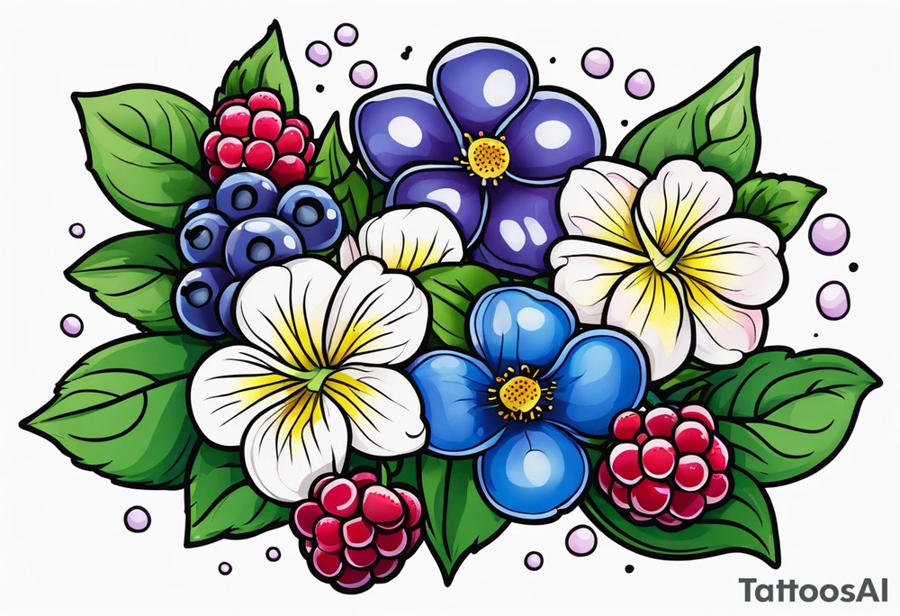 wildlower tattoo with 2 violets as the focal point.  1 small blueberry and 1 small raspberry tattoo idea