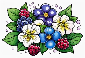 wildlower tattoo with 2 violets as the focal point.  1 small blueberry and 1 small raspberry tattoo idea