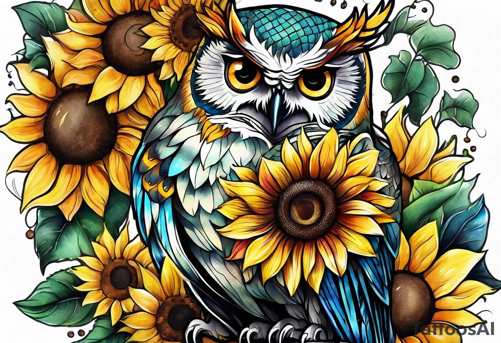 Leg sleeve with colorful sunflowers and an owl tattoo idea