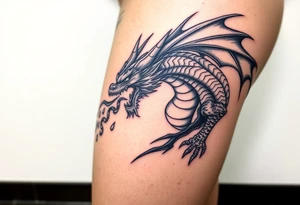 fierce dragon breathing iridescent fire against stormy skies tattoo idea