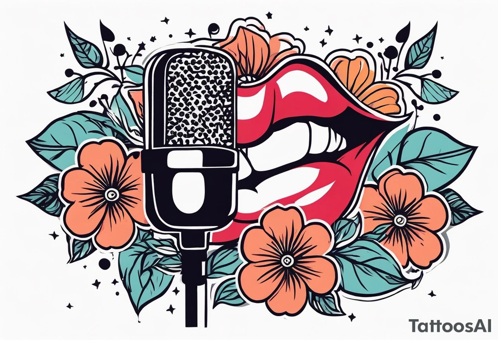 old school traditional vintage style design of lips singing into microphone with vintage flowers surrounding it tattoo idea