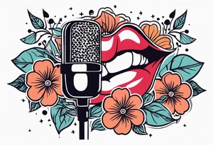 old school traditional vintage style design of lips singing into microphone with vintage flowers surrounding it tattoo idea