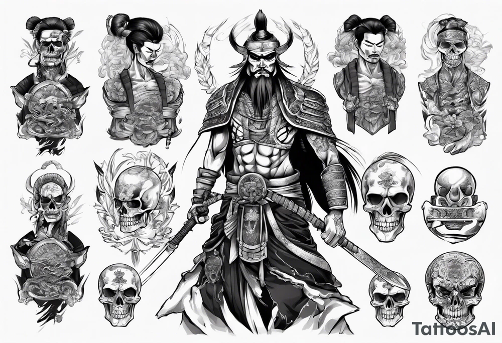 handsome Asian warrior who is also a skeleton tattoo idea