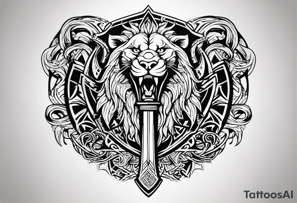 Valhalla sword shield dragon axe Valknut tribal lion tattoo idea Valhalla sword shield dragon axe Valknut tribal lion tattoo idea