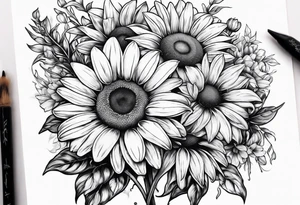 Daisy bouquet with stems and with a sunflower tattoo idea