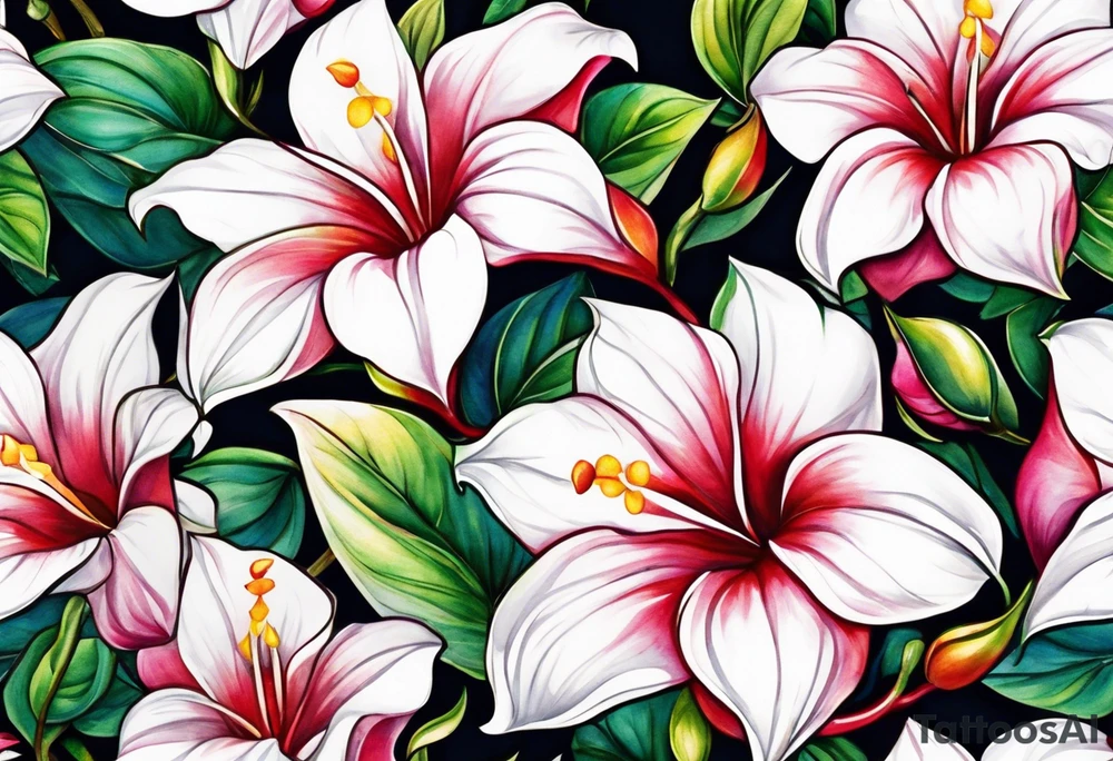 white background, abstract mandevilla flowers on a vine, not as much stamen tattoo idea