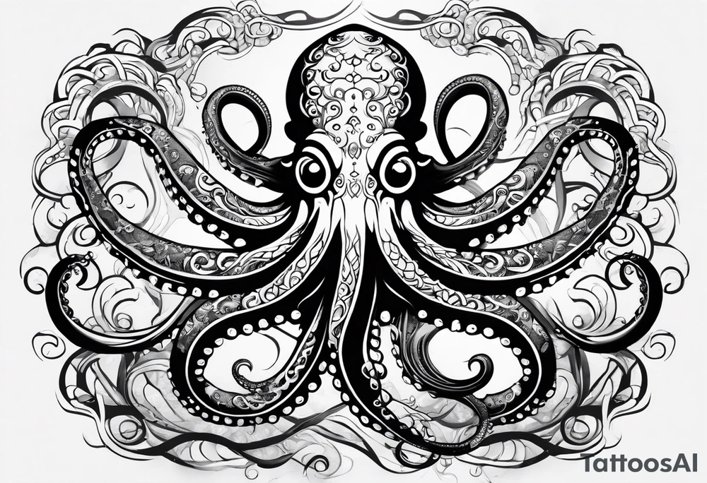 Tribal half sleeve. octopus surrounded by ribbons of water waves filled with fish. the octopus has no eyes. Use thick lines only with less detail. tattoo idea