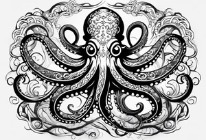 Tribal half sleeve. octopus surrounded by ribbons of water waves filled with fish. the octopus has no eyes. Use thick lines only with less detail. tattoo idea