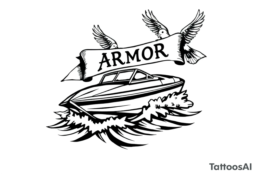 Traditional style tattoo, with a jet boat in the water, with a banner that says “ARMOR” in traditional lettering, and the banner is being held by sparrows . tattoo idea