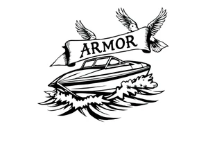 Traditional style tattoo, with a jet boat in the water, with a banner that says “ARMOR” in traditional lettering, and the banner is being held by sparrows . tattoo idea