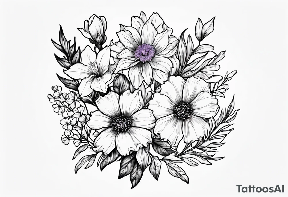 Simple Tattoo  of larkspur, carnation, violet,  daisy tattoo idea