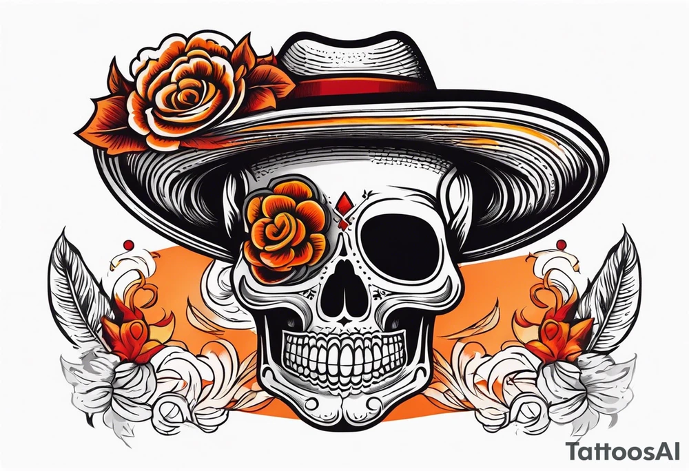Mexican skull with sombrero with smoke coming out of the bottom orange and red tattoo idea