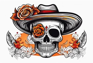 Mexican skull with sombrero with smoke coming out of the bottom orange and red tattoo idea