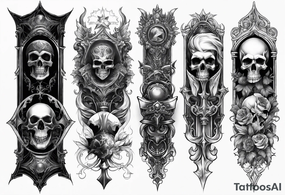 Sleeve tattoo. Good vs evil. Gothic elements, skulls and ancient elements tattoo idea