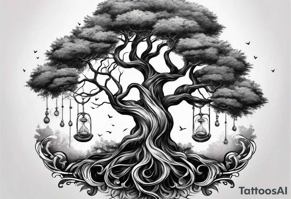 tree with the roots of the tree wrapped around a hour glass tattoo idea