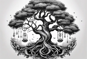 tree with the roots of the tree wrapped around a hour glass tattoo idea