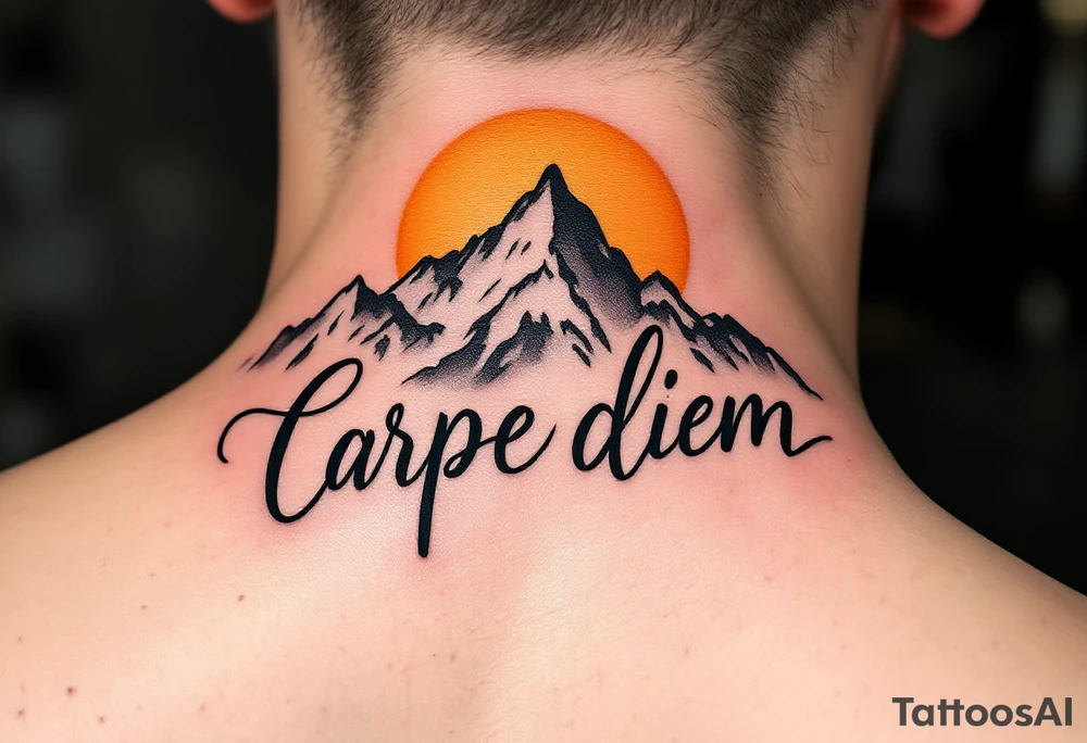 An arched black minimalist font "carpe diem" over a gray mountain range and golden sun. tattoo idea