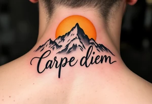 An arched black minimalist font "carpe diem" over a gray mountain range and golden sun. tattoo idea