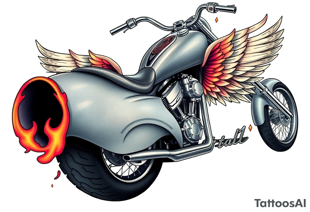 Low rider grey motorcycle, big muffler pipes with flames, angel wings tattoo idea